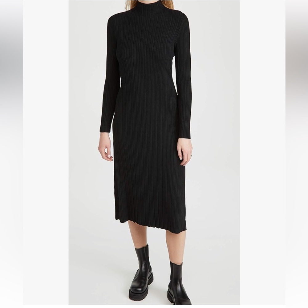 Vince Variegated Ribbed Black Stretch Turtleneck MIDI Dress, Size 2